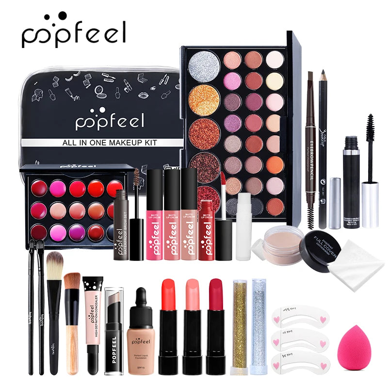 POPFEEL ALL IN ONE Cosmetic Kit 8-27Pcs Makeup Practice Make Up Set Eyeshadow Lip Gloss Concealer Brushes With Makeup Bag TSLM2