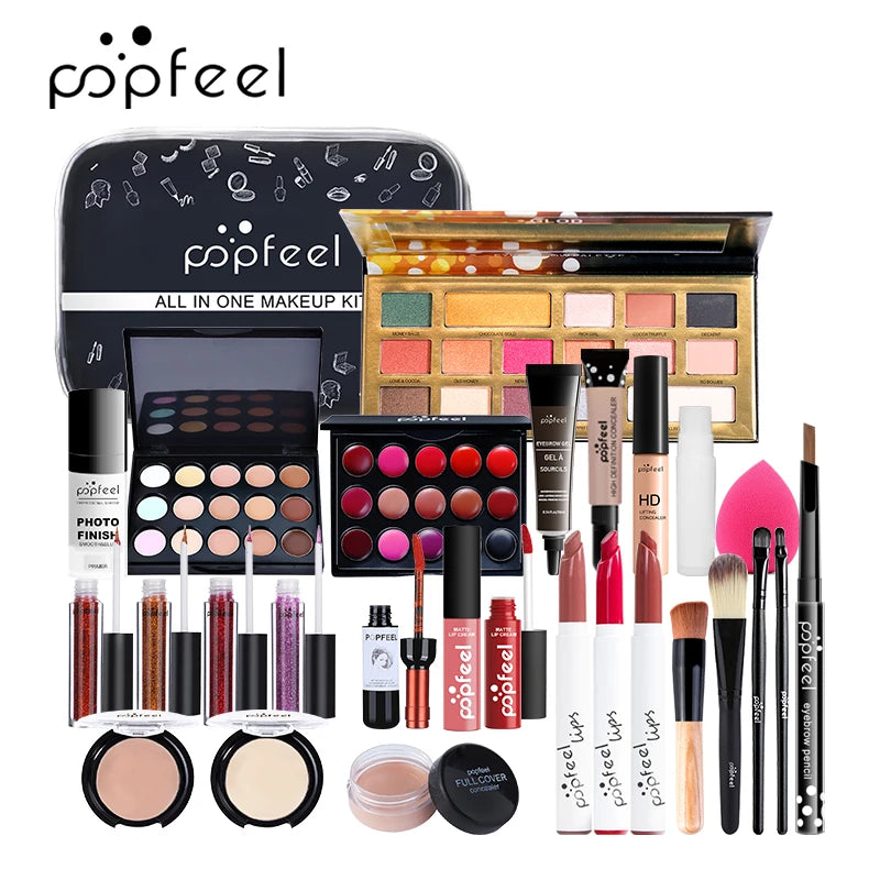 POPFEEL ALL IN ONE Cosmetic Kit 8-27Pcs Makeup Practice Make Up Set Eyeshadow Lip Gloss Concealer Brushes With Makeup Bag TSLM2