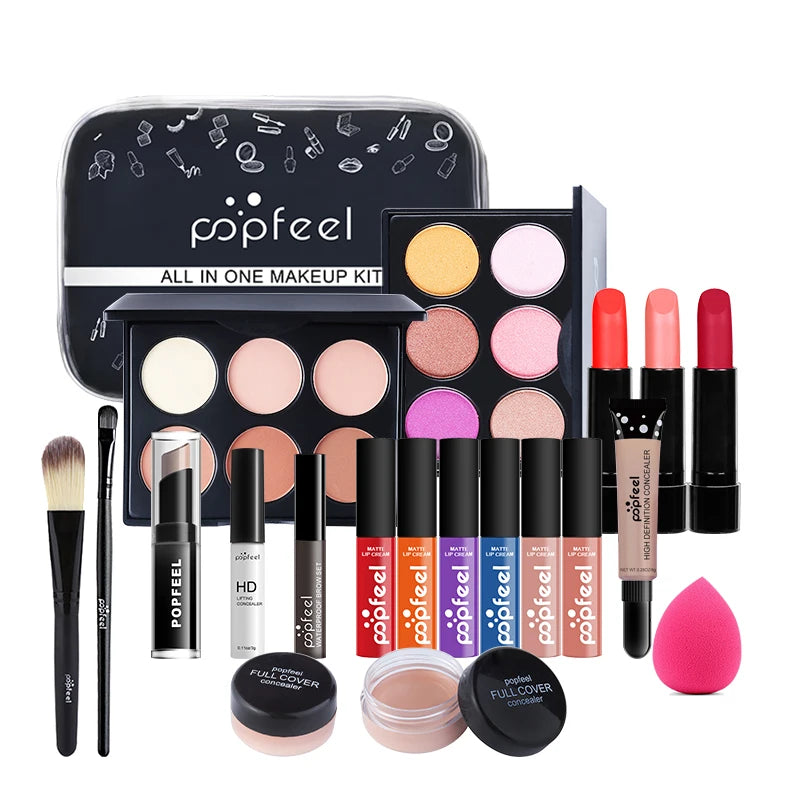 POPFEEL ALL IN ONE Cosmetic Kit 8-27Pcs Makeup Practice Make Up Set Eyeshadow Lip Gloss Concealer Brushes With Makeup Bag TSLM2