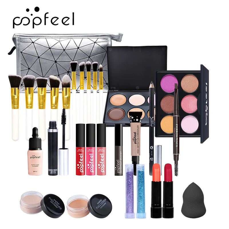 POPFEEL ALL IN ONE Cosmetic Kit 8-27Pcs Makeup Practice Make Up Set Eyeshadow Lip Gloss Concealer Brushes With Makeup Bag TSLM2