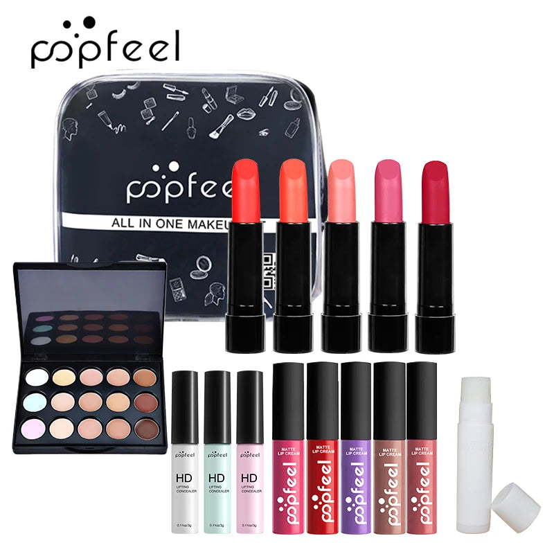 POPFEEL ALL IN ONE Cosmetic Kit 8-27Pcs Makeup Practice Make Up Set Eyeshadow Lip Gloss Concealer Brushes With Makeup Bag TSLM2