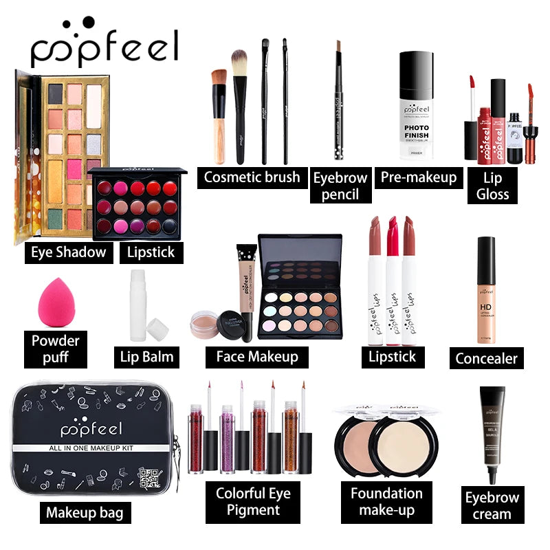 POPFEEL ALL IN ONE Cosmetic Kit 8-27Pcs Makeup Practice Make Up Set Eyeshadow Lip Gloss Concealer Brushes With Makeup Bag TSLM2