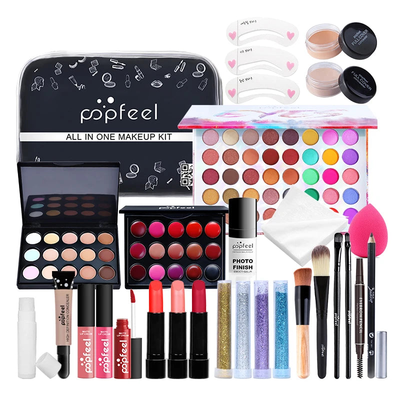 POPFEEL ALL IN ONE Cosmetic Kit 8-27Pcs Makeup Practice Make Up Set Eyeshadow Lip Gloss Concealer Brushes With Makeup Bag TSLM2