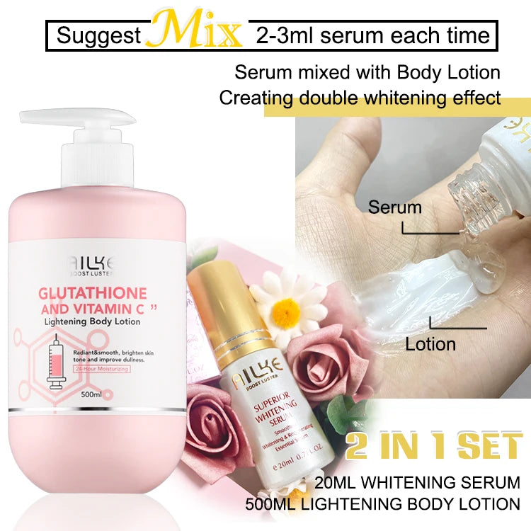 AILKE Vitamin C & Glutathione Brightening Body Lotion, Even Skin Tone, Lightening, Neck, Elbows, Armpits, Legs, Glowing Cream