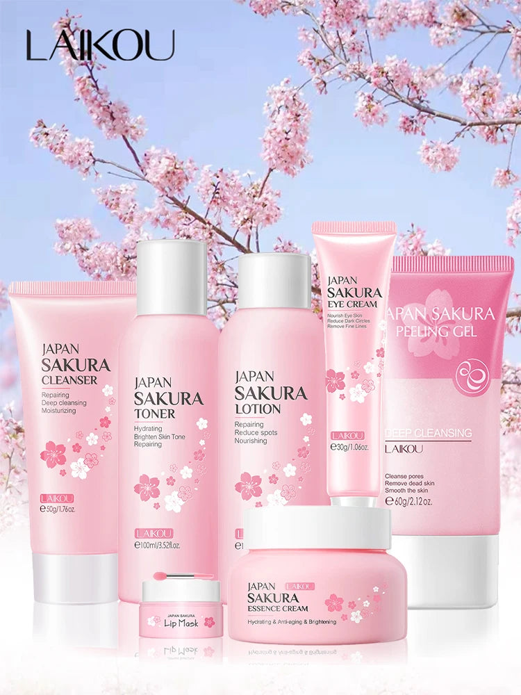 Face Skin Care Set Cherry Blossom Essence Moisturizing Collagen Eye Cream Exfoliating Gel Cleanser Lip Mask Beauty Makeup Set