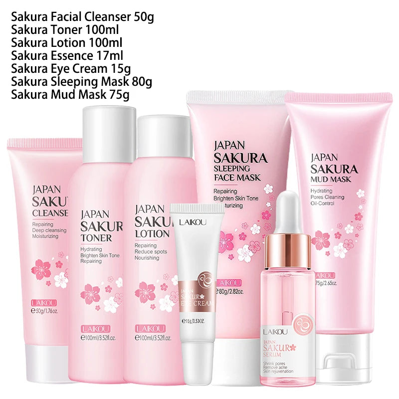 Face Skin Care Set Cherry Blossom Essence Moisturizing Collagen Eye Cream Exfoliating Gel Cleanser Lip Mask Beauty Makeup Set