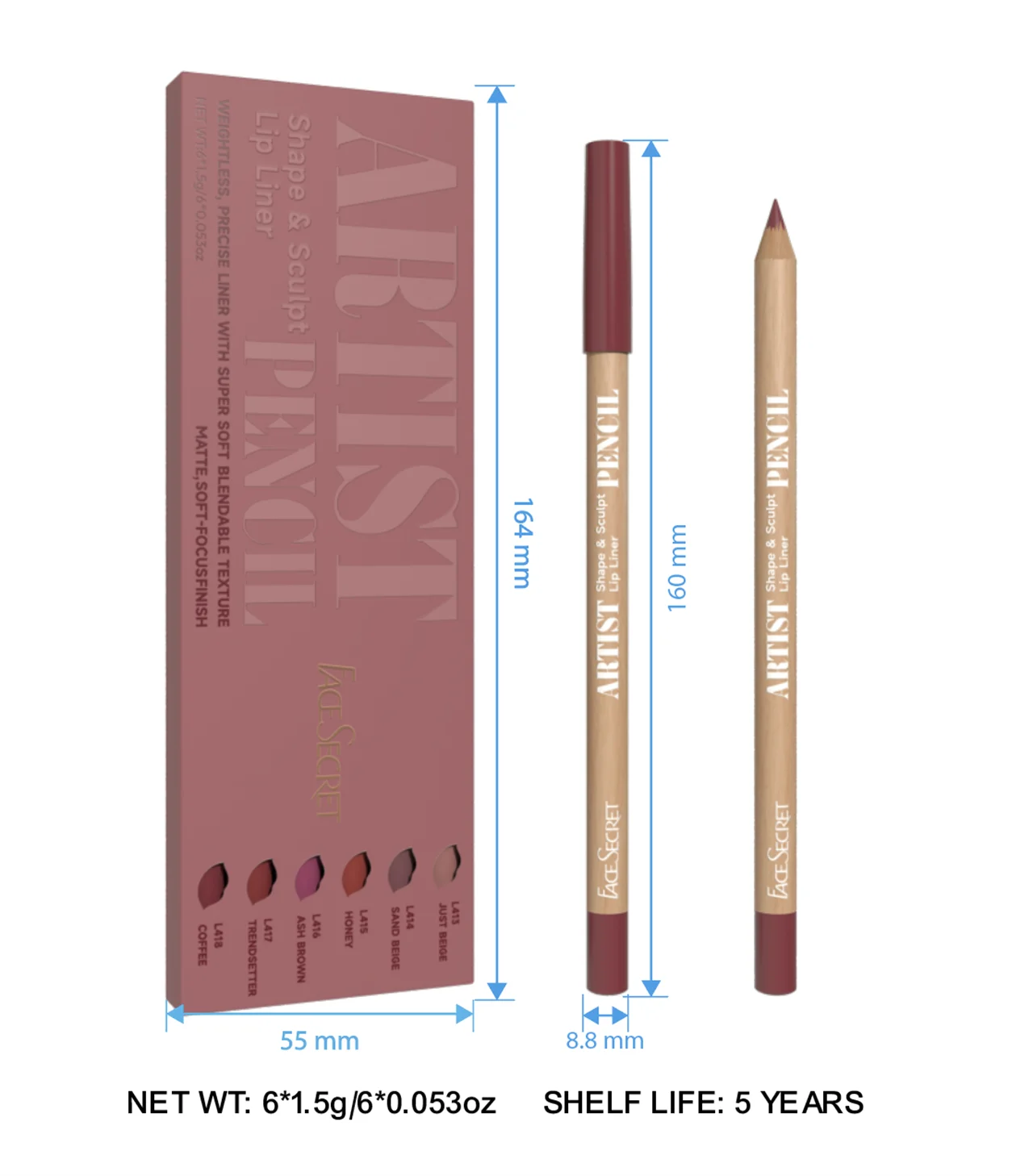 Face Secret Artist Shape Sculpt Lip Liner Pencil Set, Weightless Precise Liner with Super Soft Blendable Texture Matte Soft