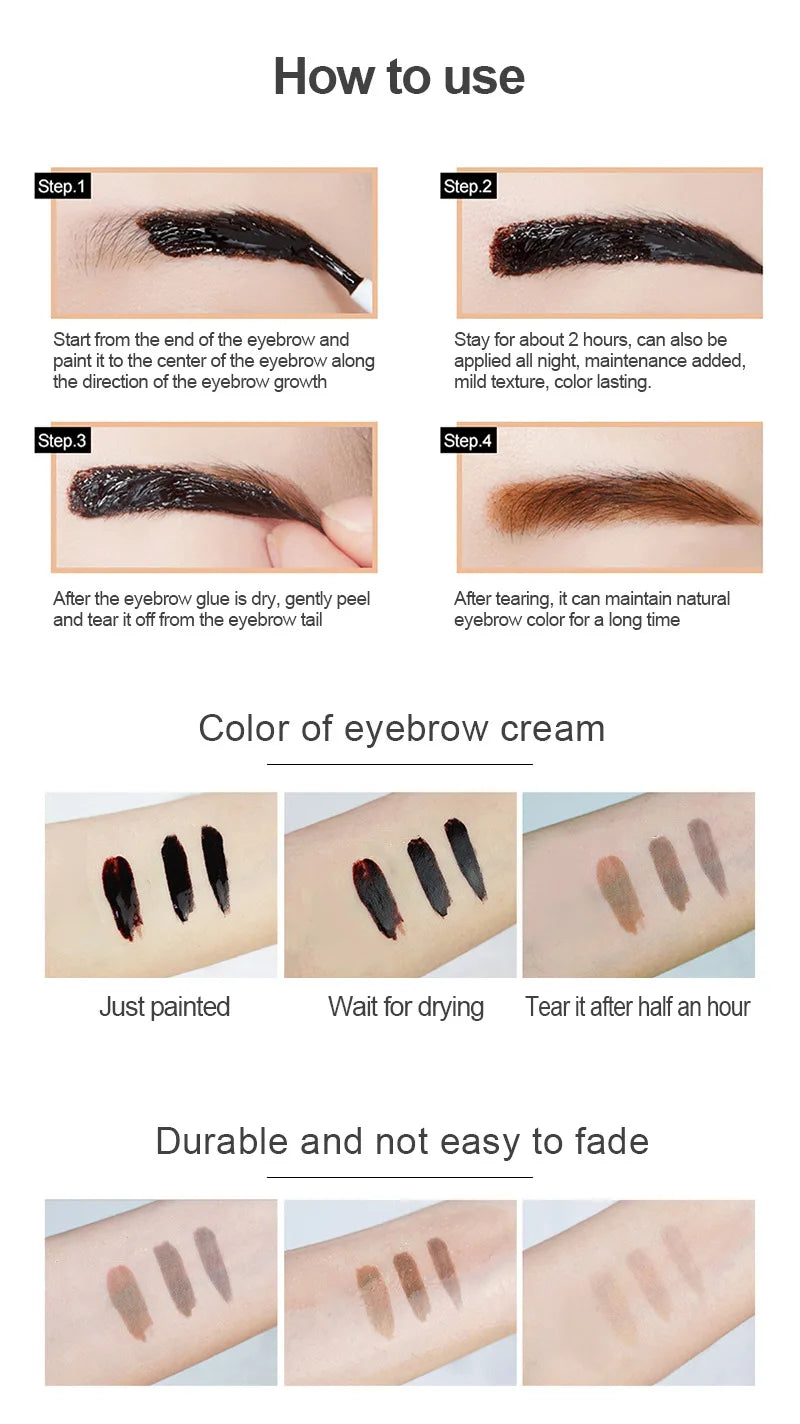 Peel-off Eyebrow Gel Natural Brow Tattoo Black Brown Tint Makeup Waterproof Lasting Eye Brow Enhancers Liquid Gel Tear Wear Easy