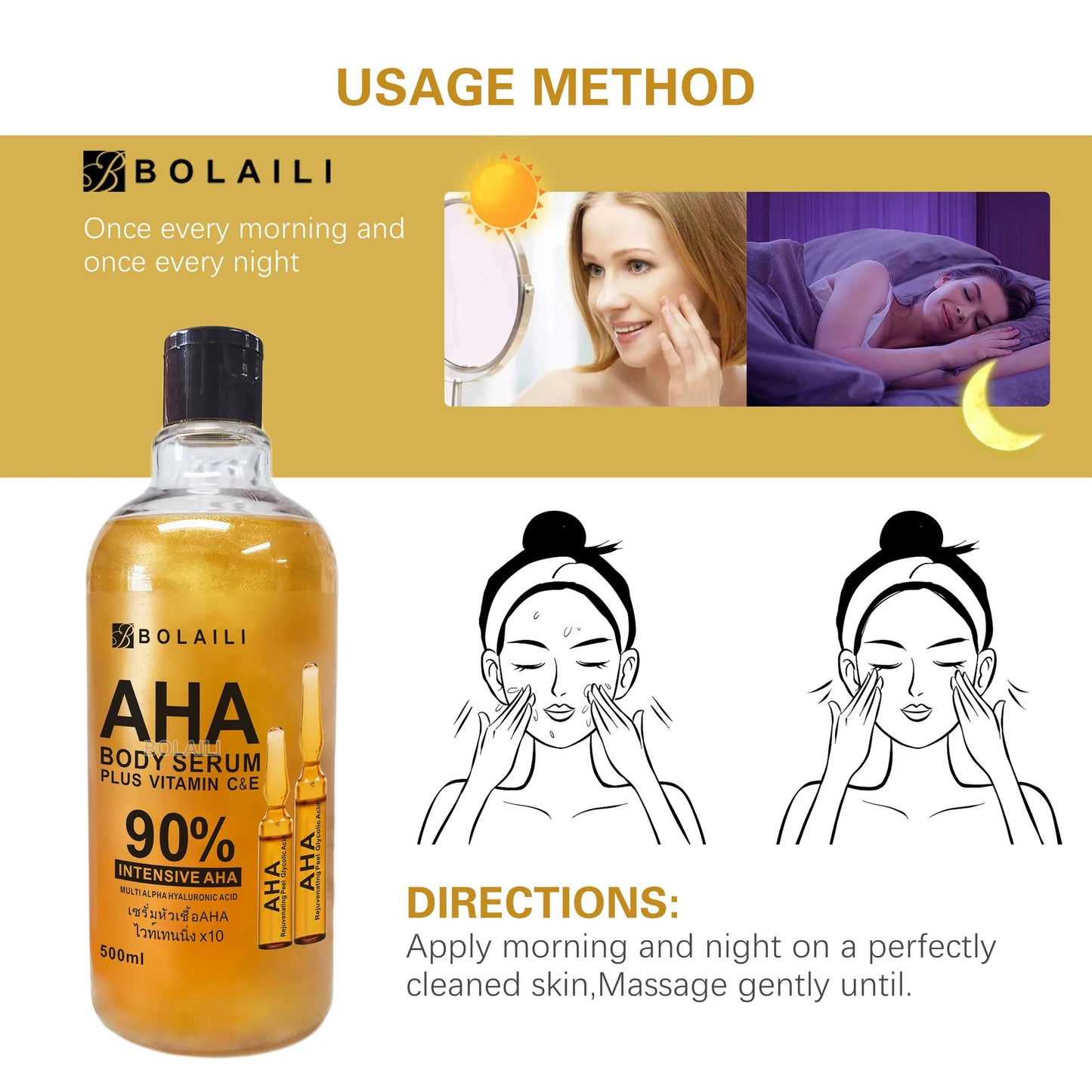 ALPHA Hydroxy Acids 24K Gold Face Body Serum Vitamin C&E Essence Firming Moisturizing Spots Remover Whitening Skin Care 500ml