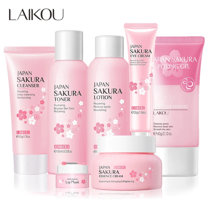 Face Skin Care Set Cherry Blossom Essence Moisturizing Collagen Eye Cream Exfoliating Gel Cleanser Lip Mask Beauty Makeup Set