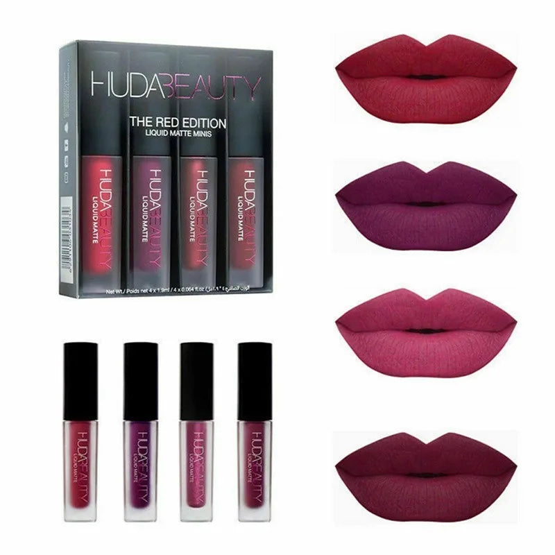 4PCS HUDA Base Makeup Set Foundation Lipsticks Eye Shadow Mascara Eye Lashes Brush Beauty Makeup Long-wearing Waterproof