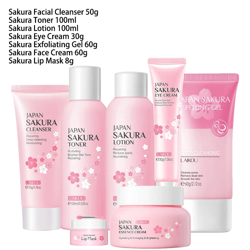 Face Skin Care Set Cherry Blossom Essence Moisturizing Collagen Eye Cream Exfoliating Gel Cleanser Lip Mask Beauty Makeup Set