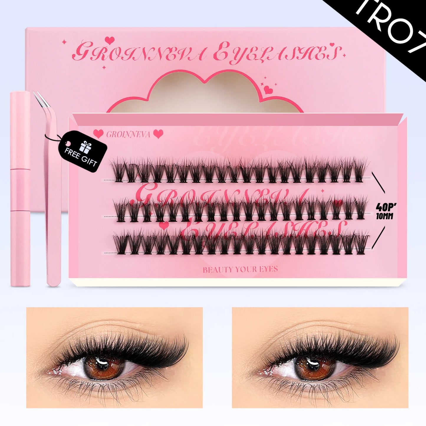 GROINNEYA DIY Lashes Kit Cluster Lashes 3D Fluffy False Eyelashes Natural Eyelash Нарощування кластерів Lash Bond and Seal Makeup