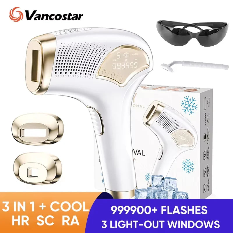 Vancostar 3in1 Cool Laser Hair Removal for Women Men Rejuvenation Acne Remove Extra 2 Caps Bikini Trimmer At-Home IPL Epilator