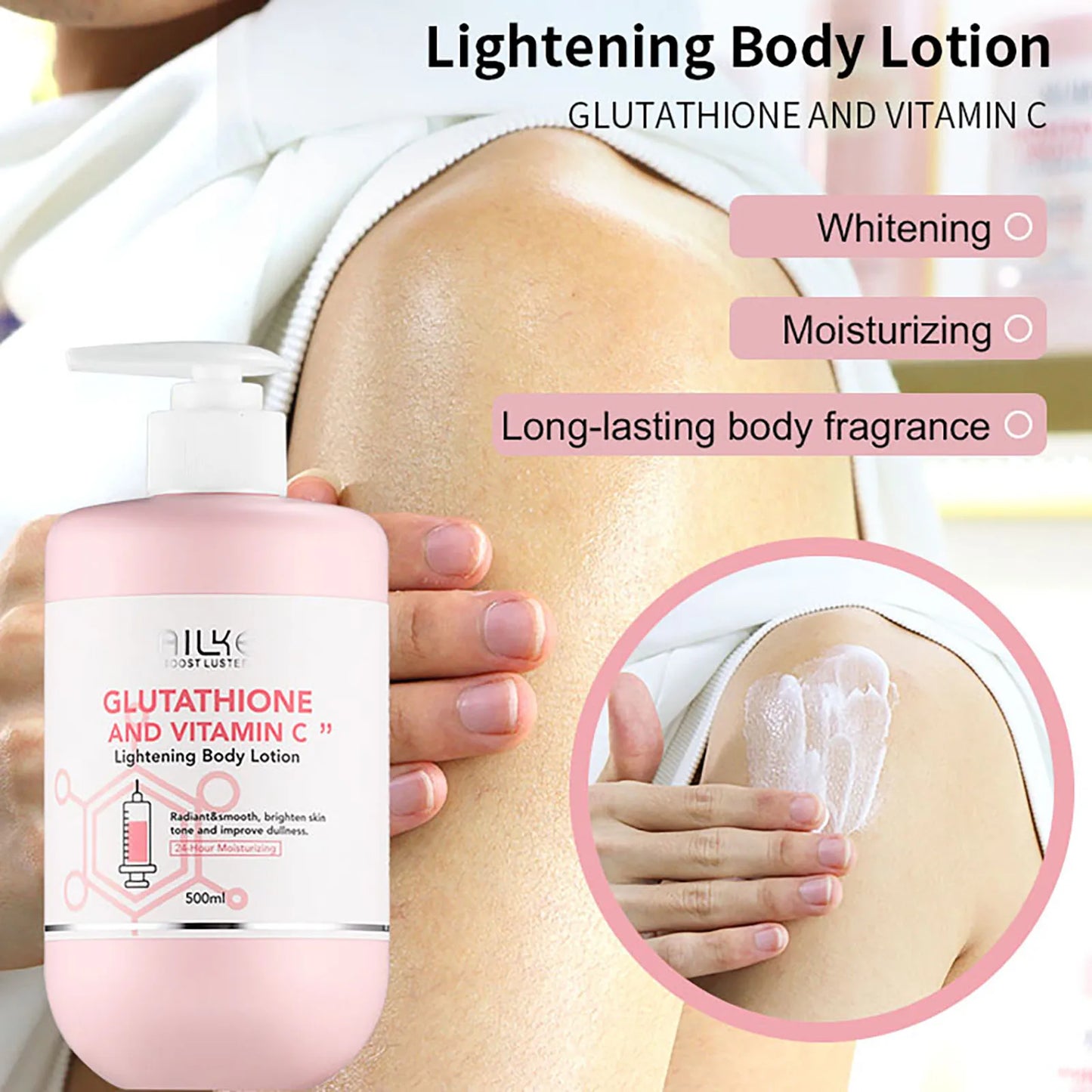 AILKE Vitamin C & Glutathione Brightening Body Lotion, Even Skin Tone, Lightening, Neck, Elbows, Armpits, Legs, Glowing Cream