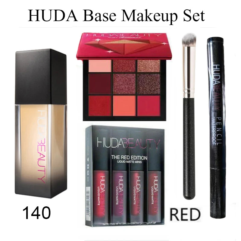 4PCS HUDA Base Makeup Set Foundation Lipsticks Eye Shadow Mascara Eye Lashes Brush Beauty Makeup Long-wearing Waterproof