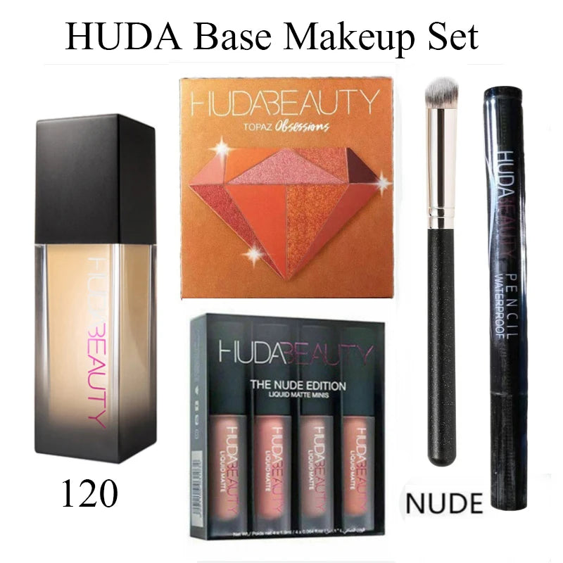 4PCS HUDA Base Makeup Set Foundation Lipsticks Eye Shadow Mascara Eye Lashes Brush Beauty Makeup Long-wearing Waterproof