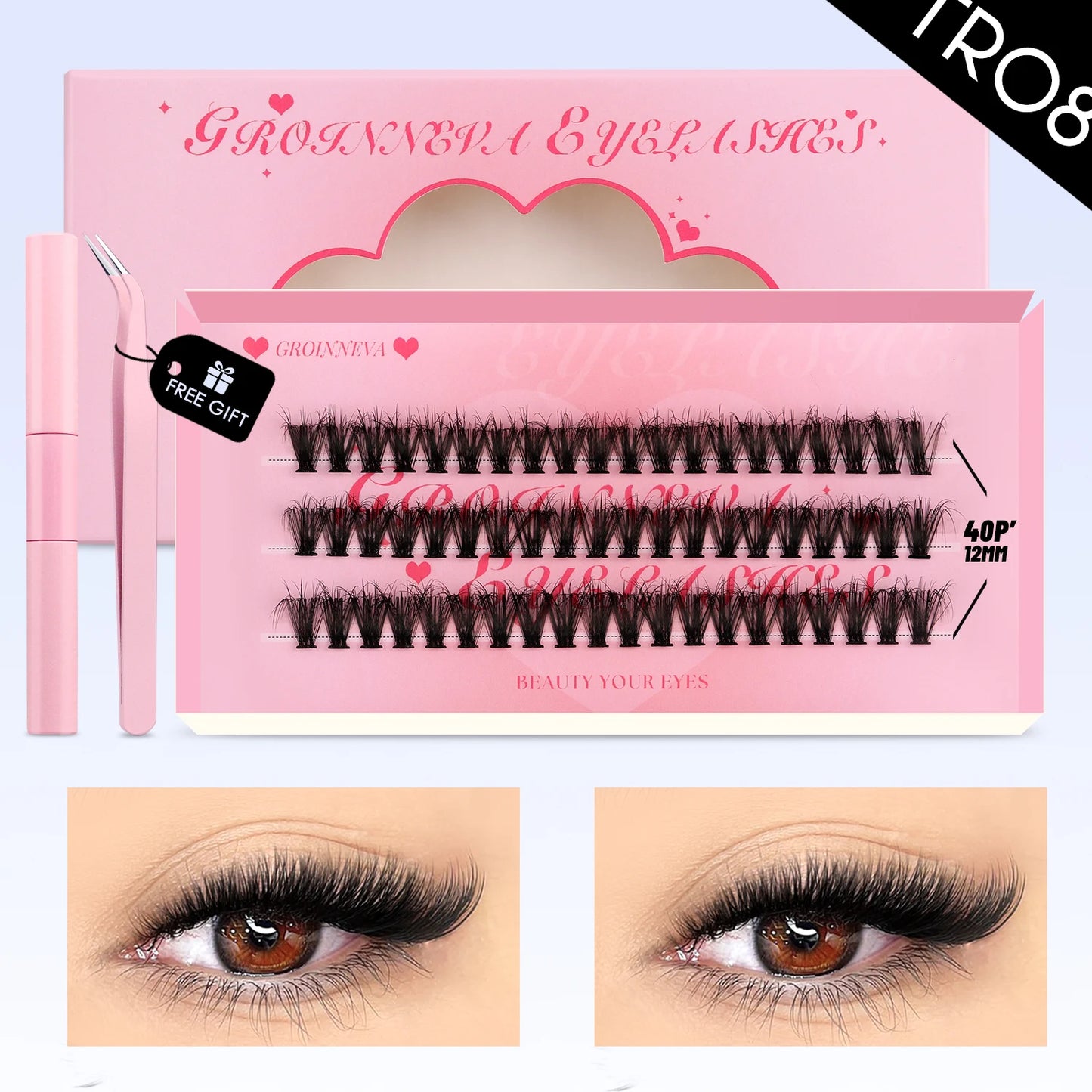 GROINNEYA DIY Lashes Kit Cluster Lashes 3D Fluffy False Eyelashes Natural Eyelash Нарощування кластерів Lash Bond and Seal Makeup