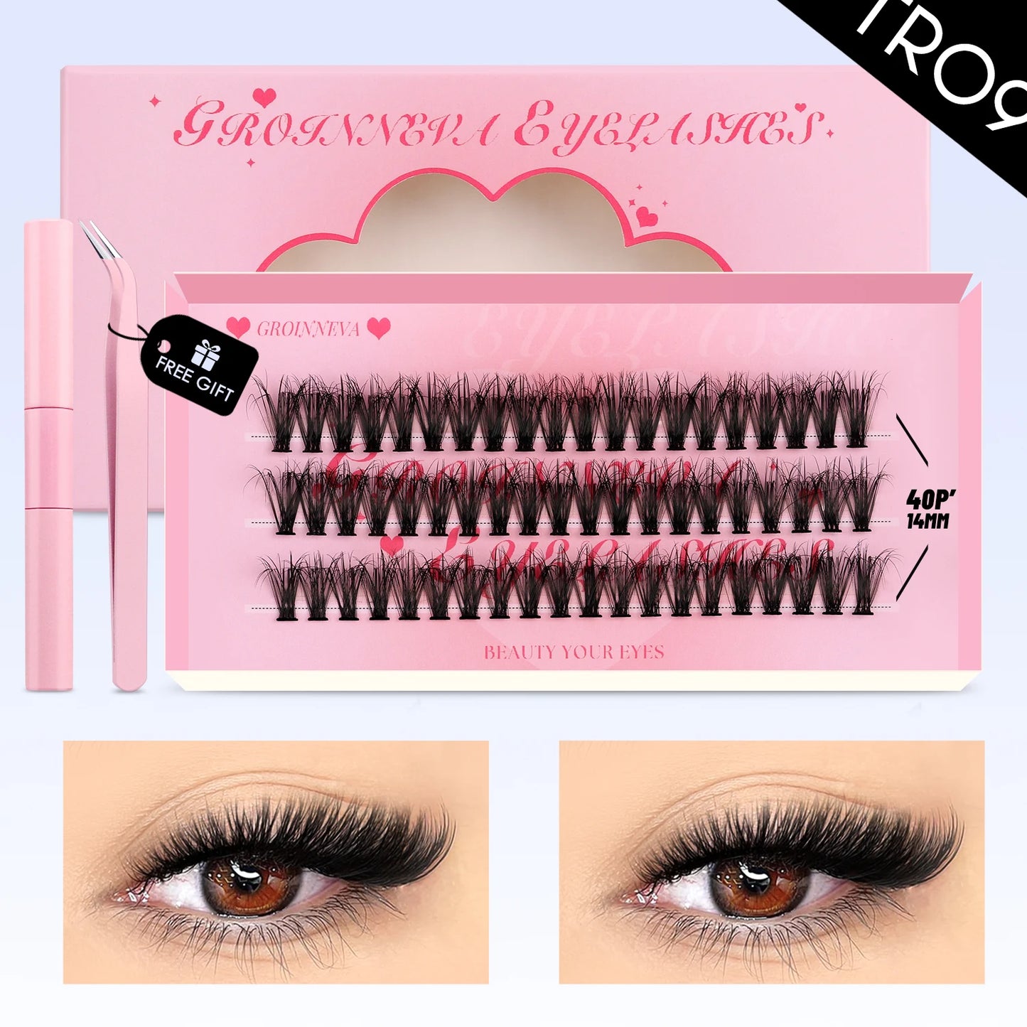 GROINNEYA DIY Lashes Kit Cluster Lashes 3D Fluffy False Eyelashes Natural Eyelash Нарощування кластерів Lash Bond and Seal Makeup